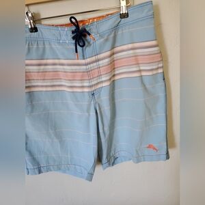 Tommy Bahama Light Blue Striped Swim Shorts with Pastel Accents